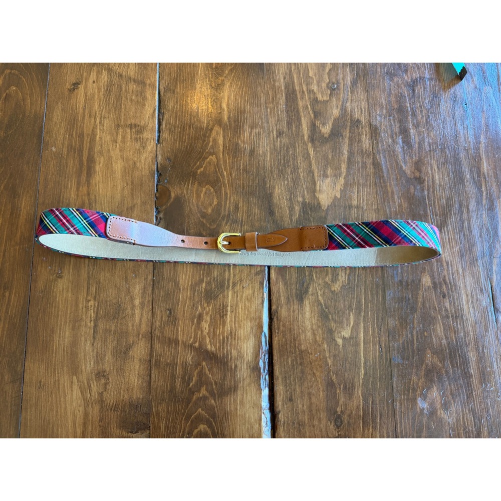Vineyard Vines Womens Tartan Plaid Cotton Cashmere Leather Belt Red Green S